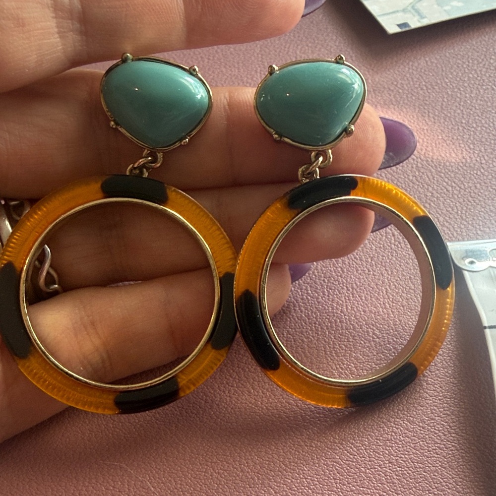 Turquoise and Amber Hoop Drop Earrings - Gold Tone